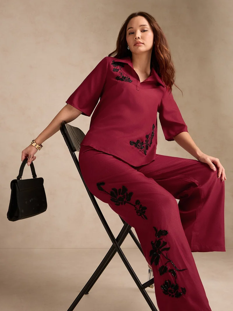 Outzidr  Red Coord Set With Relaxed Fit Embroidered Top & Wide Leg Trouser for Women | Best Price UAE